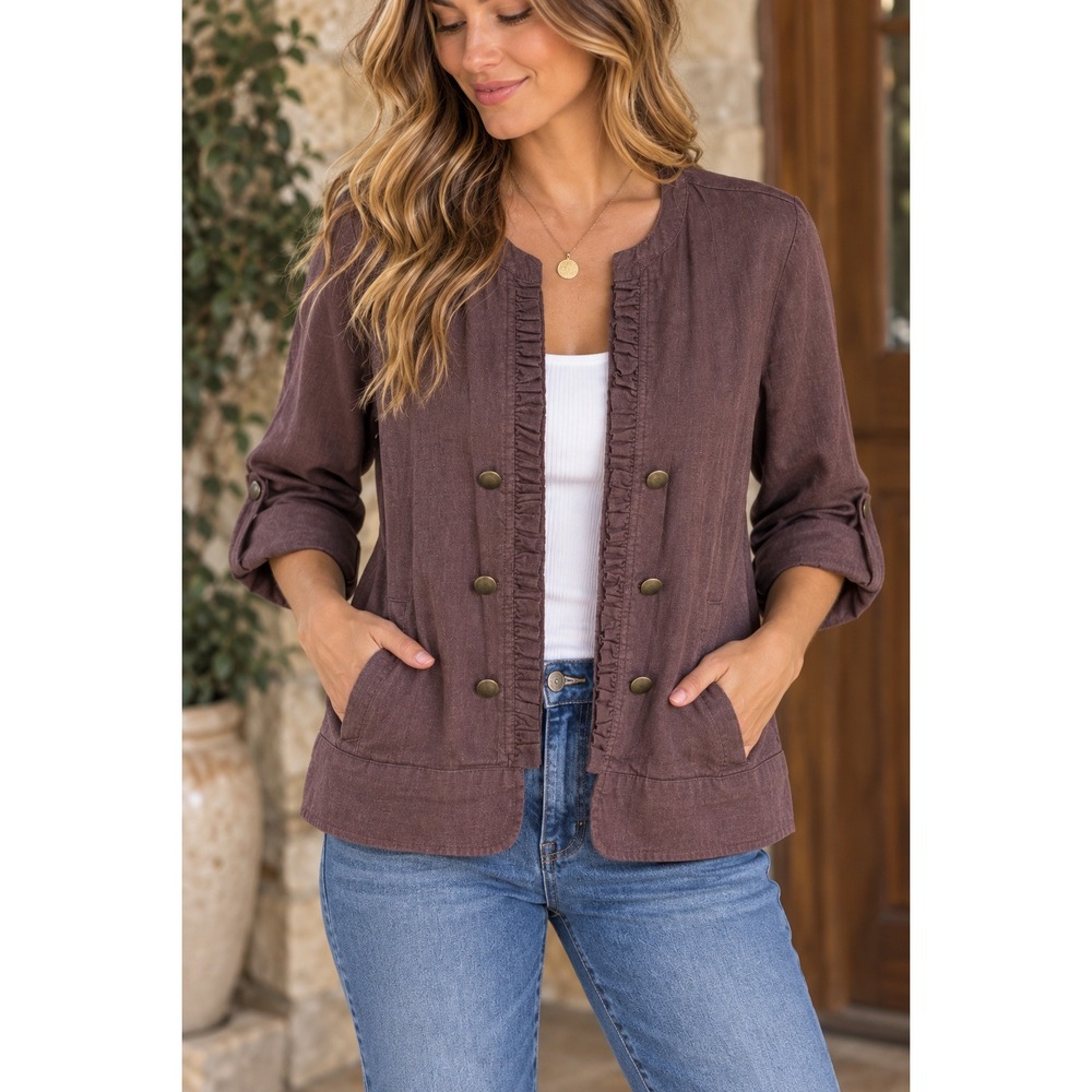 Plum Purple Utility military boho Jacket S Linen Blend Roll Tab Sleeve lagenlook